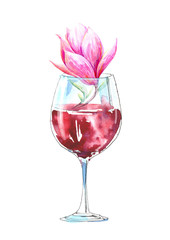 Magnolia branch on a red wine.Picture of a alcoholic drink.Watercolor hand drawn illustration.