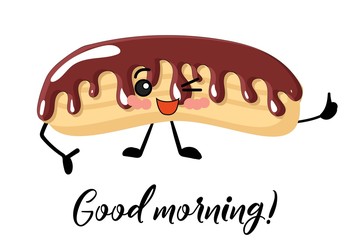 Logo or signboard design. Shop eclairs. Yellow background. Eclair with chocolate icing..