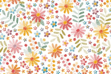 Fototapeta premium Embroidery seamless pattern with bright colorful flowers on white background. Summer print. Fashionable design. Vector embroidered illustration.