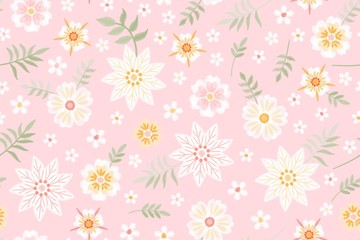 Romantic embroidered pattern. Tender embroidery of white flowers on pink background. Seamless design for fabric and textile.