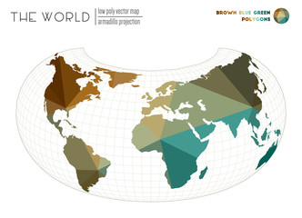 Abstract geometric world map. Armadillo projection of the world. Brown Blue Green colored polygons. Trending vector illustration.
