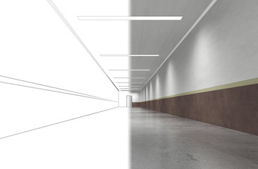 long corridor with doors, interior visualization, 3D illustration