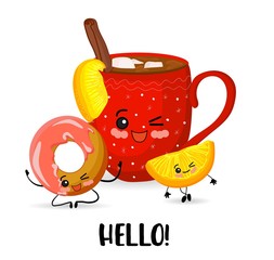 Good morning. Cup of tea and biscuit roll. Cute cartoon kawaii characters on white background..