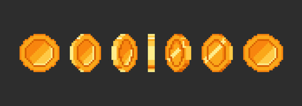 Pixel gold coin animation for 16 bit retro game. Vector golden pixelated coins. Illustration of money 8 bit.