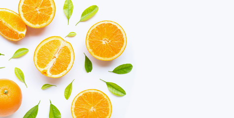 High vitamin C, Juicy and sweet. Fresh orange fruit with green leaves  on white.