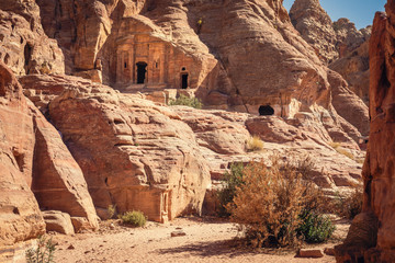 View of the Broken Pediment Tomb located along the wadi farasa processional route, Petra, Jordan