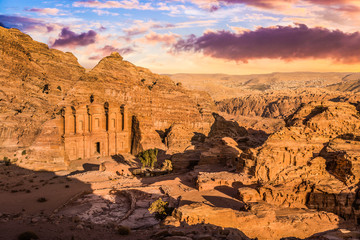 Scenic view of the Monastery (Ad Deir) at sunset, Petra, Jordan - obrazy, fototapety, plakaty