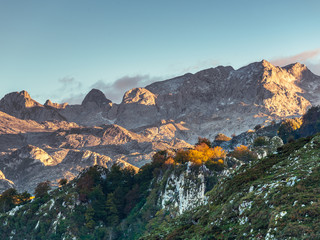09/10-18, Asturias, Spain. View of a part of the mountain range picos de europa while the sun is setting.