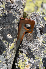 Climbing protection - Angle – A piton made of steel sheet bent into V shape. Work well for larger...