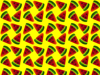 Seamless pattern from slices of watermelon on a yellow background. Print for fabric.