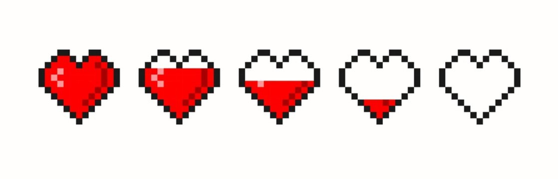 Pixel Game Life Bar. Vector Art 8 Bit Health Heart Bar. Gaming Controller, Symbols Set.