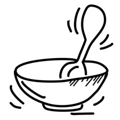An icon for a restaurant, coffee shop. A plate with a spoon inside. Hand-drawn