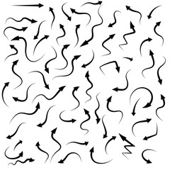 Collection arrows vector background black and white symbols. Different arrow icon set circle, up, curly, straight and twisted. Design elements.