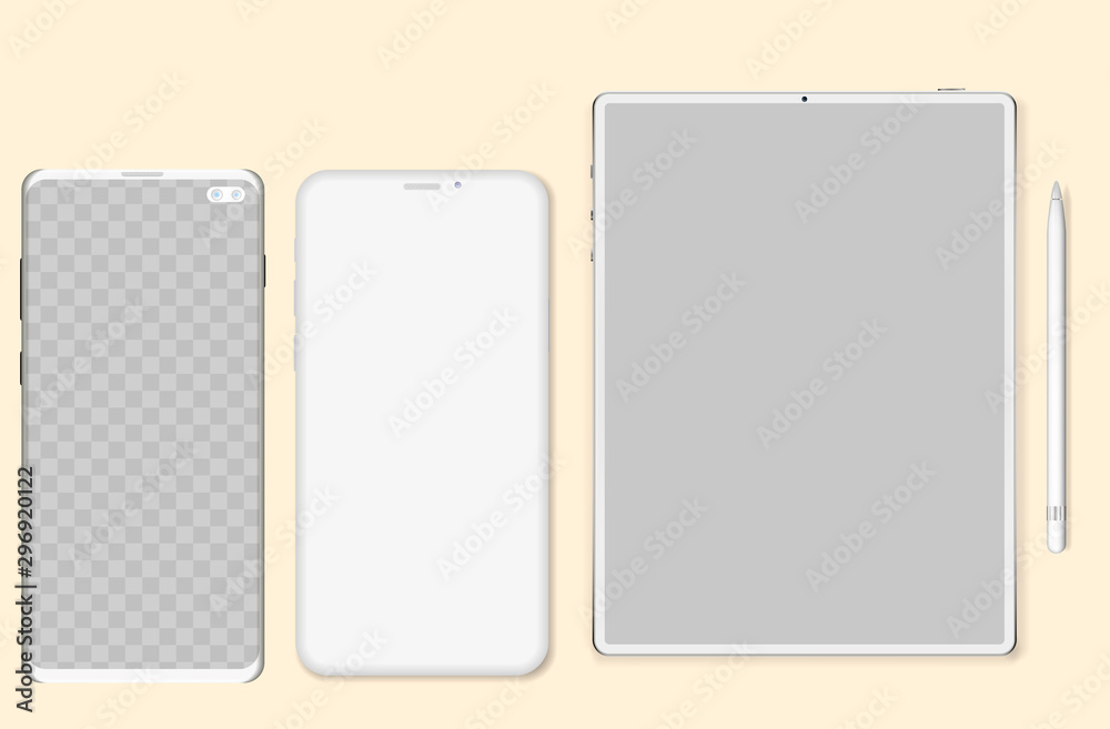 Poster Clay phones and tablet computer mockup - front view. Set of modern clay devices mockups: tablet and phone. Vector illustration