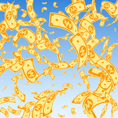 Fototapeta premium Korean won notes falling. Random WON bills on blue