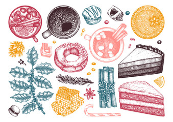Winter desserts and hot seasonal drinks collection. Mulled wine, hot chocolate, coffee, tea and sweet baking illustrations. Hand drawn winter food and drinks sketches. Christmas bar menu template.