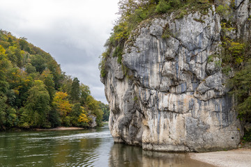 Nature reserve at Danube river breakthrough near Kelheim, Bavaria, Germany in autumn with limestone...