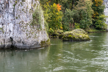 Nature reserve at Danube river breakthrough near Kelheim, Bavaria, Germany in autumn with limestone rock formations and plants with colorful leaves, autumnal impressions