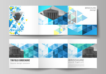 The minimal vector editable layout of square format covers design templates for trifold brochure, flyer, magazine. Blue color polygonal background with triangles, colorful mosaic pattern.