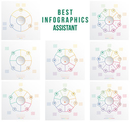  Pie charts, area charts. Circles from coloured lines, template infographic  3 4 5 6 7 8 9  10 positions