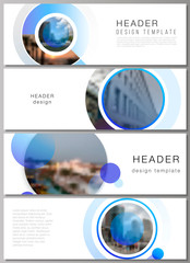 The minimalistic vector illustration of the editable layout of headers, banner design templates. Creative modern blue background with circles and round shapes.
