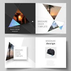 The vector layout of two covers templates for square design bifold brochure, magazine, flyer, booklet. Creative modern background with blue triangles and triangular shapes. Simple design decoration.