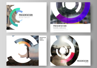 Fototapeta premium Minimalistic abstract vector illustration of editable layout of the presentation slides design business templates. Futuristic design circular pattern, circle elements forming geometric frame for photo