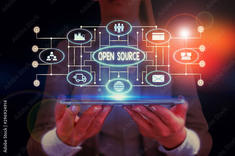 Poster Text sign showing Open Source. Business photo showcasing denoting software which original source code freely available Woman wear formal work suit presenting presentation using smart device