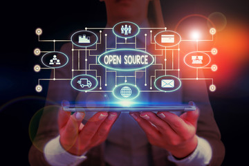 Text sign showing Open Source. Business photo showcasing denoting software which original source...