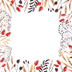 Watercolor square inner frame with dried winter herbs, leaves and dog-rose berries isolated on white background. Autumn illustration. Hand drawn floral element perfect for invitations, greeting cards.