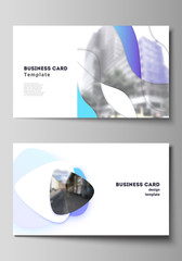 The minimalistic abstract vector illustration of the editable layout of two creative business cards design templates. Blue color gradient abstract dynamic shapes, colorful geometric template design.