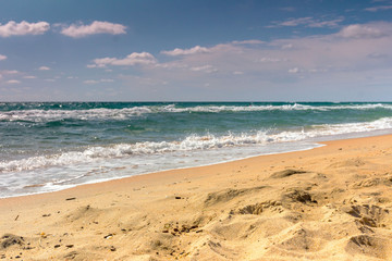 Sunny beautiful deserted sandy beach of the sea