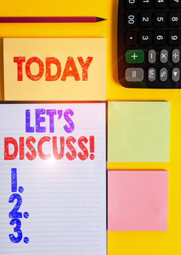 Writing note showing Let S Discuss. Business concept for asking someone to talk about something with demonstrating or showing Colored empty papers with copy space on the yellow background table