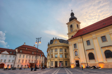 Fototapeta premium Downtown Sibiu during sunset, Romania, taken in May 2019