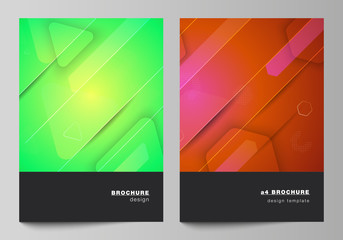 Fototapeta na wymiar Vector layout of A4 format modern cover mockups design templates for brochure, magazine, flyer, booklet. Futuristic technology design, colorful backgrounds with fluid gradient shapes composition.