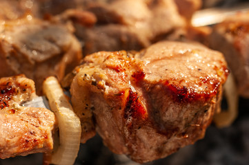 Tasty and delicious pork meat are grilled on the grill