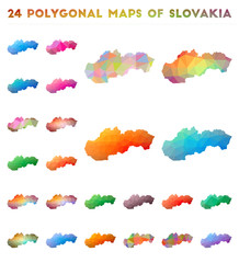 Set of vector polygonal maps of Slovakia. Bright gradient map of the country in low poly style. Multicolored Slovakia map in geometric style for your infographics.