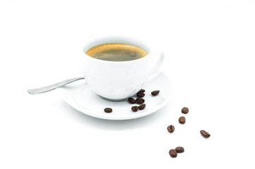 Coffee cup and macarons isolated on white background