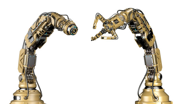 Two different robotic arms standing near each other. Yellow mechanical hands or industrial robotic manipulators. Futuristic technology. Isolated on white background. 3d illustration