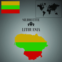 Obraz premium Lithuania outline world map, contour silhouette with national flag inside vector illustration creative design, isolated on background, objects, element, symbol from countries set