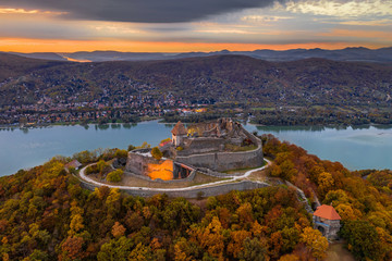 Visegrad, Hungary - Autumn at Visegrad. Aerial drone view of the beautiful high castle of Visegrad...