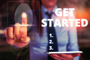 Word writing text Get Started. Business photo showcasing asking someone to begin task endeavour or...