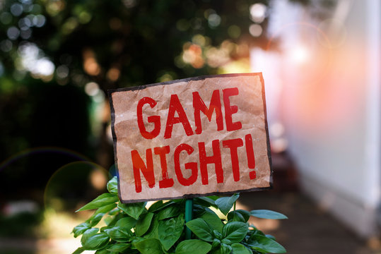 Writing note showing Game Night. Business concept for usually its called on adult play dates like poker with friends Plain paper attached to stick and placed in the grassy land