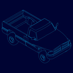 Outline of a truck of blue lines on a dark background. View isometric. Vector illustration.