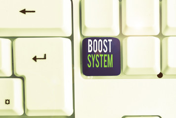 Word writing text Boost System. Business photo showcasing Rejuvenate Upgrade Strengthen Be Healthier Holistic approach White pc keyboard with empty note paper above white background key copy space