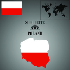 Poland outline world map, contour silhouette with national flag inside vector illustration creative design, isolated on background, objects, element, symbol from countries set