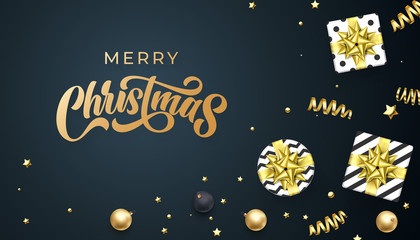 Fototapeta premium Merry Christmas greeting card calligrpahy on gold glittering snowflakes pattern, vector winter holidays design. Xmas greeting text and Christmas golden snow decoration on white background