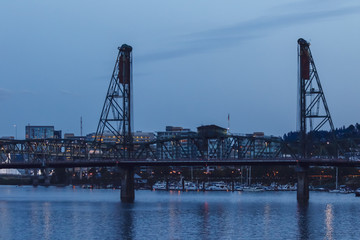 Fototapeta na wymiar Landscape night with the steel bridge has two spins.