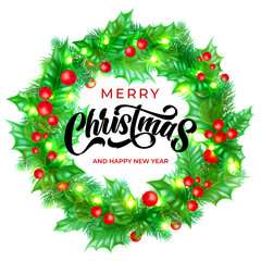 Merry Christmas greeting card design with calligraphy lettering on holly wreath background. Vector Xmas lights decoration and font for New Year celebration