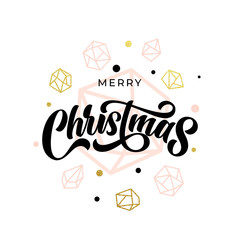 Merry Christmas gold glitter gilding geometric gem crystal ornaments decoration. Christmas greeting modern trend card, poster lettering design. Vector golden glittering gilt balls baubles background